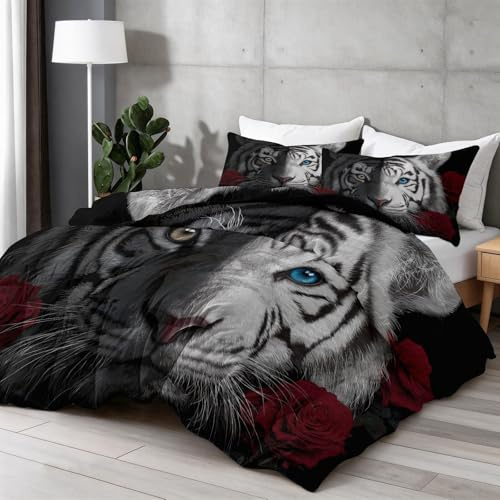 Moderna täcken 220 × 240 cm 4 årstider, närbild djur tiger röd ros tvättbart täcke utan överdrag – mjuk och bekväm året runt täcke med 2 örngott 80 x 80 cm, svart vit röd