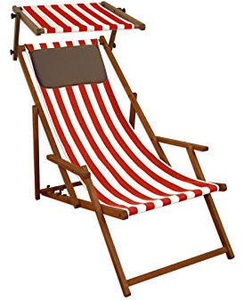 Sedia a Sdraio a Righe Bianco-Rossa in Faggio con braccioli Parasole e Cuscino Scuro 10-314SKD