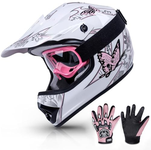 TCMT DOT Certified Youth Pink Butterfly Dirt Bike ATV Offroad Street Motorcycle Motocross Helmet Goggles Gloves (XL)