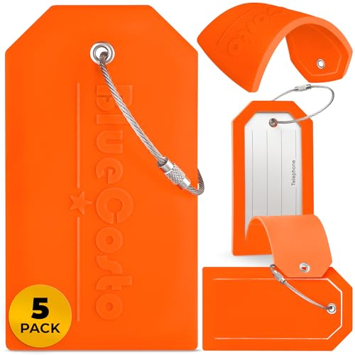 Luggage Tags, Large Orange 5 Pack, PVC Suitcase Tags, Privacy Cover