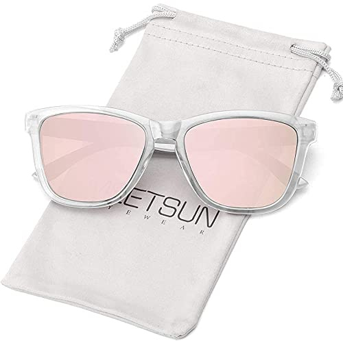 MEETSUN Polarized Sunglasses for Women Men Classic Retro Designer Style (Clear Frame/Pink Mirrored Lens, 54)