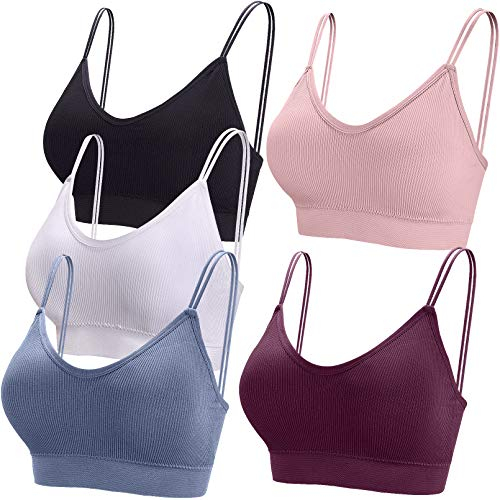 BQTQ 5 Pieces Camisole Bras for Women V Neck Camisole Bralettes Seamless Sleeping Bra with Straps and Removable Pads for Women Girls (Light Pink, White, Black, Steel Blue, Purple, XXL)