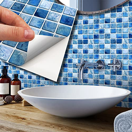 WALPLUS 15cm(6) 24 Pieces Mother Pearl Blue Jewel Mosaic Wall Tile Sticker Set Peel and Stick Backsplash Decals Vinyl Home Decors Splashback for Kitchen Bathroom Tile Paint Stick on Wall