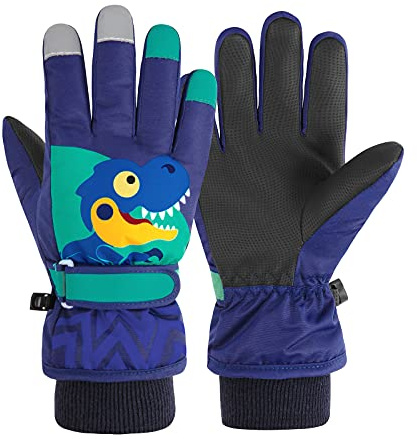 Kids Winter Gloves Waterproof Girls Boys Warm Snow Toddler Finger Gloves Mittens Navy Dinosaur S