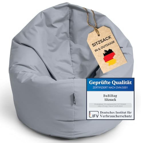 BuBiBag 2in1 Sitzsack L - XXL mit Füllung für Kinder & Erwachsene, Gaming Beanbag & Bodenkissen für Indoor & Outdoor Sessel Pflegeleicht & Wasserabweisend M BIS 6 Jahre (Ø 85 cm Grau)