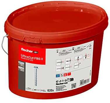 fischer UltraCut FBS II 6 x 40 / 5 mit Unterlegscheibe und Sechskantaufnahme, praktischer Eimer mit 620 leistungsstarken Betonschrauben, zur Befestigung in den Bereichen Sanitär, Heizung & Klima, gvz