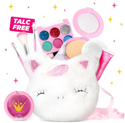ULOVEME Talc Free Safe Makeup for Girls 4-6 with Small Coin Purse(5.5x5.25in) -My First Makeup Set - Hypoallergenic, Washable, Real, Non Toxic- Princess Dress Up Toys (White Umicorn v2)