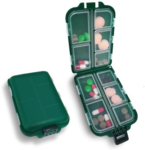 MAIANY Tablettenbox Reise-Pillen-Organizer, Tragbare Doppelschichtige Medikamenten-Aufbewahrungsbox mit 10 Fächern für Vitamine Lebertran Nahrungsergänzungsmittel (Grün)