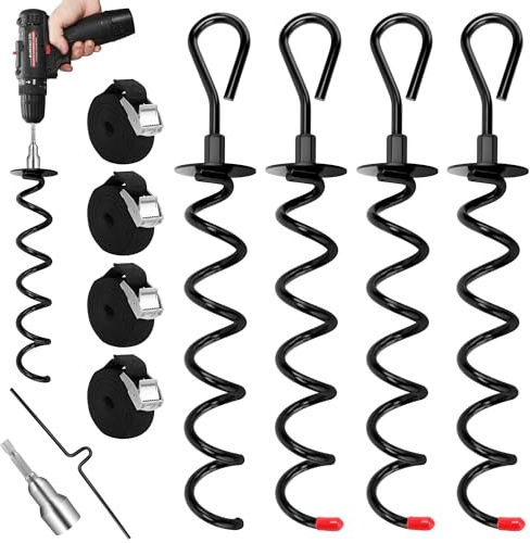 UPOHYEE 4 ancoraggi a Terra Set 10 PCS Ø 1cm da avvitare Ancoraggio a Terra Set Trampolino con 4 Cinghie Regolabili Adattatore per Trapano ausilio di Rotazione per Trampolino Altalena