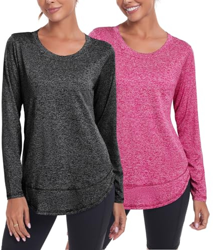 Deaviya Womens Long Sleeve Sports Tops UK, Sport Yoga T-Shirt Workout Running Tops, Crew Neck Quick Dry Golf Activewear Ladies Gym Sports Top, M,Black+Red