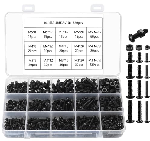 520 tornillos de cabeza plana con tuerca, M3/M4/M5, tornillos de acero al carbono con tuerca hexagonal, juego de tornillos de cabeza redonda
