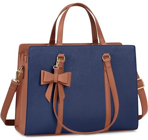 NEWHEY Damen Handtasche Shopper Große Schwarz Tasche Damen Laptoptasche 15.6 Zoll PU Leder Umhängetasche Arbeitstasche für Business Arbeit Schule (Blau und Braun)