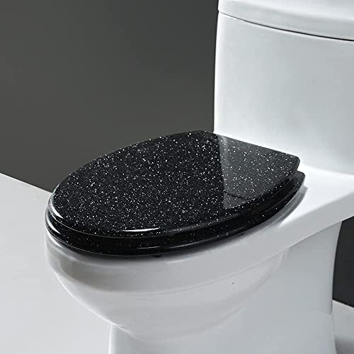 Toalettsits mjuk stängning toalettsits harts glitter toalettsits, gnistrande toalettsitsskydd rund oval, enkel installation och rengöring, toalettsits, en färg-rosa, svart