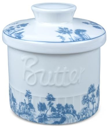 Henrrida Mantequera francesa con tapa, mantequillera, vasija para mantequilla, azul y blanco