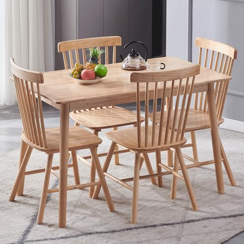 DZOVAD Wood Dining Table and Chairs Set 4, Farmhouse Kitchen Table Set, 100% Natural Solid Timber Material, FSC-Certified (Wood, Spindle Back)