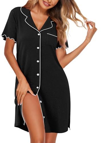 Ekouaer Nighties for Women Button Nightdresses & Nightshirts Nightwear Maternity Nightdress for Hospital, Black, L