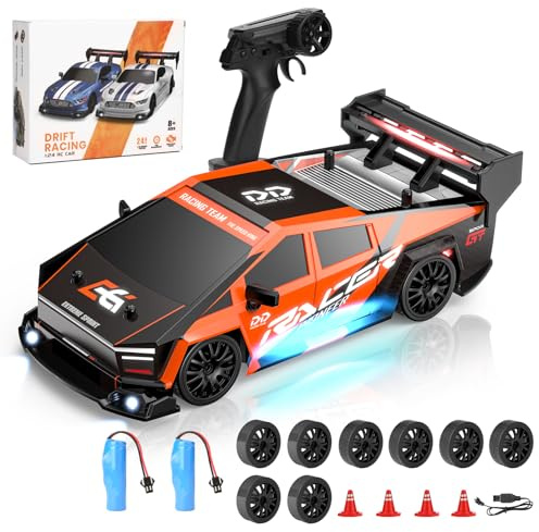 Sentasi RC Drift Car, veicolo da corsa radiocomandato, 1:24 RC Drift, 4WD, modello sportivo ad alta velocità con LED e pneumatici di ricambio, durata 30 minuti per adulti e bambini (arancione)