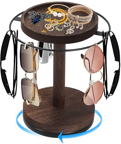 Qivine Soporte Gafas Madera, Expositor Giratorio Organizador Gafas de Sol de Grafas de Metal, Estanteria Almacenaje para Tocadores, Mesitas de Noche, Escritorios