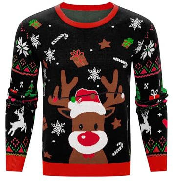 Litherday Pull de Noel Homme Moche Col Rond Pullover Tricoté Manche Longue Hiver Chaud Sweat Renne Flocons de Neige Noir L