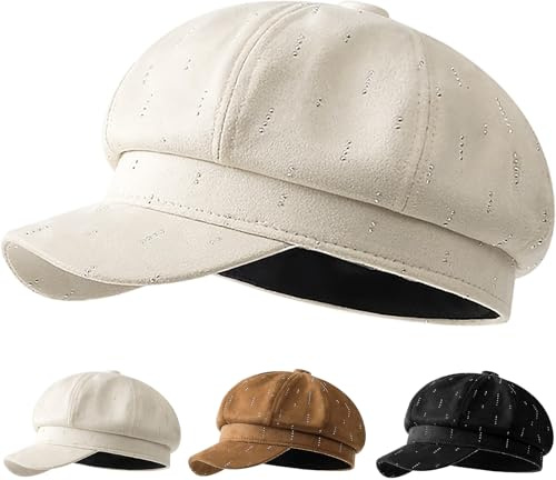 Initlove Newsboy Cap for Women Rhinestone Beret Cabbie Hat Peaked Octagonal Hats Beige