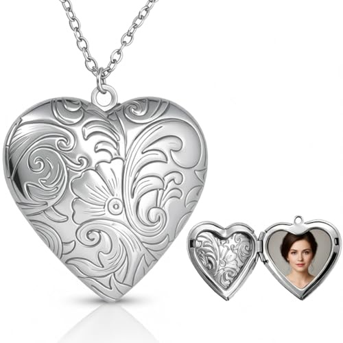 DEIMODRA - Collana Portafoto Ciondolo a Cuore che si Apre con Foto Dentro Elegante Motivo Floreale - Idea Regalo Personalizzabile per Donna Lei, Mamma, Fidanzata - Argento
