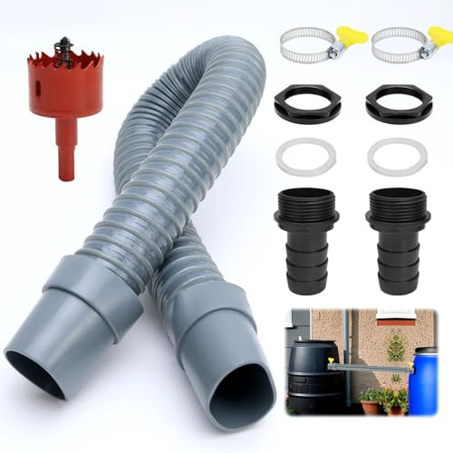 HZOUHONG Juego de conexión para barriles de lluvia, juego de conexión con manguera de 50 cm (30 mm de diámetro), 2 orificios para barril de lluvia de 1 pulgada, 2 abrazaderas, 2 anillos de sellado de