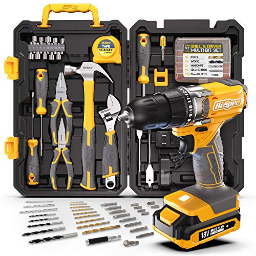 Hi-Spec 18V Cordless Drill Driver & Home Tool Kit with Storage Case