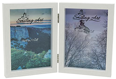 Smiling Art cornice per 2 foto in legno MDF con vetro, cornice pieghevole, doppia cornice (Bianco, Formato ritratto, 2 x 13 x 18 cm)