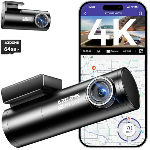 AZDOME Dashcam Vorne Hinten 4K +1080P,5GHz WiFi, GPS, Englische Sprachsteuerung, Super Nachtsicht, WDR, Loop-Aufnahme, G-Sensor, Parküberwachung 64G Micro SD-Karte