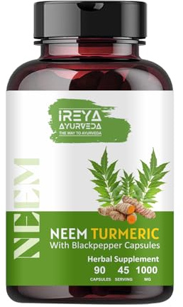 Neem Turmeric Capsules with Black Pepper Neem Herbal Supplement, Ayurvedic Herbal Cleanser, Detoxification, Enhances skin Health and Immunity (90 Capsules)