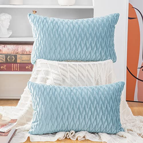 Madizz 2er Set Samt Dekorativ Zierkissenbezüge Luxus Stil Kissenbezug für Sofa für Schlafzimmer Hellblau 30x50 cm Rechteckigig