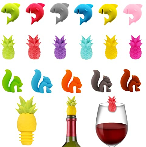 17 Pezzi Segnabicchieri Silicone, Segnabicchiere Vino Bicchieri, con Tappo per Vino, per Feste, Bar, Riunioni Famiglia (3 Forme)
