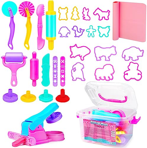 Dough Tool Sets for Kids Toddlers,Cute Playdough Accessories with Rolling Pin Dough Mat Storage Box,Party Pack Toys for Kids Age 2-4 3-5 4-8,Educational Toys Gift for Birthday Christmas Boys Girls