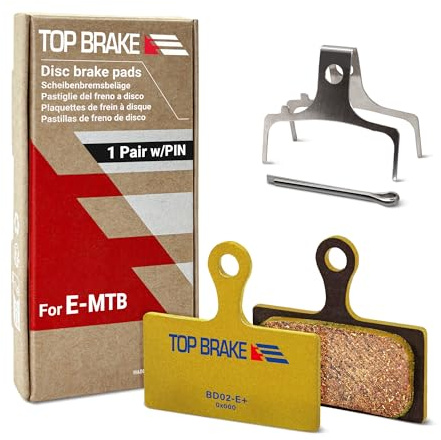 TOP BRAKE Disc E-Bike Brake Pads Compatible with Shimano XTR M9000/9020 Deore XT M785/M8000 |E-Bikes, E-MTB, Bike Parking | E-Bike Compound, Long Lasting, Premium E+ Version, Gold (PIN Included)
