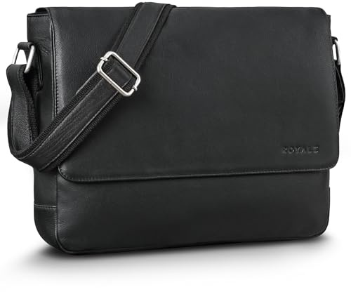 ROYALZ vintage borse a tracolla cuoio da uomo e donna per notebook 'San Diego' Borsa a tracolla in pelle piatta vintage per notebook 15, Colore:Nero