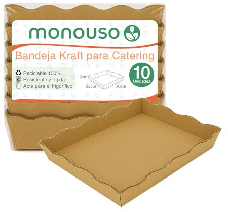 Monouso | 10 Bandeja de Cartón Kraft 26,5 × 19,8 cm | Microcanal Resistente al Aceite y Calor | Ideal para Catering, Comida Rápida y Servicios de Take Away | Pack de 10 Unidades