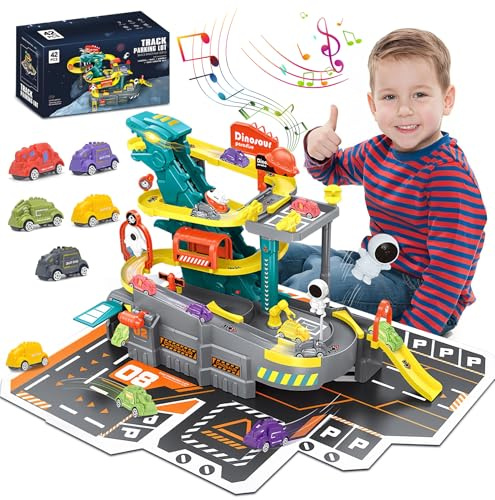 Sternstunde Autorennbahn Dinosaurier Spielzeug Schienen, 32 Stück Dino Rennbahn Autobahn, Autogarage Spielzeug mit Parkhaus, Rampen, Aufzug, Inklusive 5 Autos, für 3-8 Jahre Jungen Geschenke