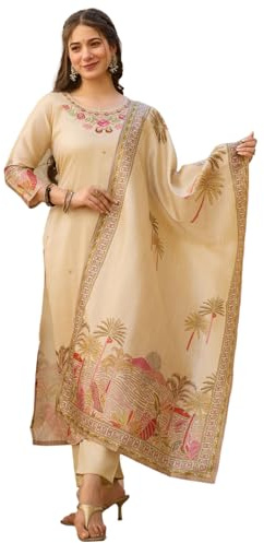 The Red Lion Enterprise Ensemble de costume Salwar brodé pour femme - Ethnique indienne 3 pièces - Pantalon Kurta Dupatta - Vêtement de mariage ou de fête