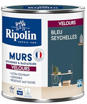 RIPOLIN - Peinture Intérieure Multi-Supports – Murs, Boiseries & Radiateurs – Ultra couvrante - Monocouche - Confort d'application - Aspect Velours - Bleu Seychelles - 0,5L