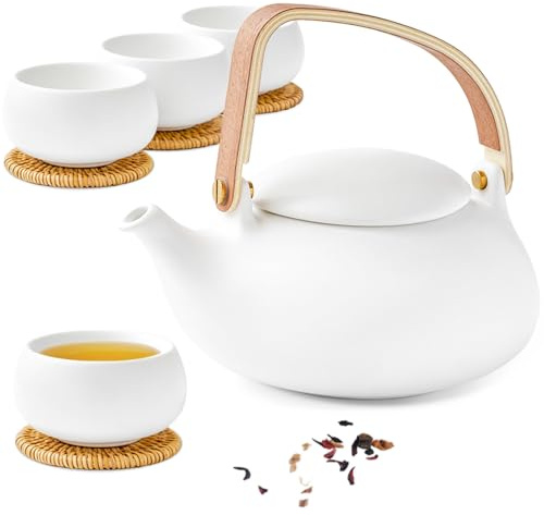 ZENS Theiere avec infuseur, Théière en japonaise avec 4 tasse pour le thé en vrac, blanc céramique Théière avec filtre en acier inoxydable 304 pour les fleurs Thé, manche en bois moderne