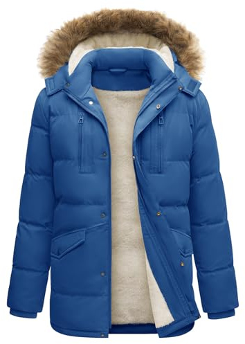 heekpek Herren Winterjacke Outdoor Parka Jacken Lang Männer Warme Winddicht Wasserabweisend Fleece Gefüttert Wintermantel mit Kapuze, Blau, M