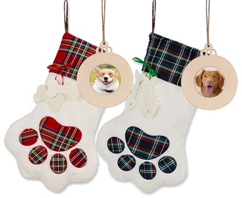 Weihnachtsstrumpf für Haustiere, groß, weiß, mit Büffelkaro, Pfoten-Design, Weihnachtsstrumpf zum Aufhängen für Hunde, Heimdekoration, 2 Stück
