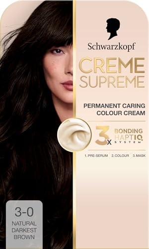 Schwarzkopf Creme Supreme Hair Dye, 3-0 Natural Darkest Brown | Permanent; Caring Colouration, 3-Step Bonding System Against Damage, with Serum & Mask, 100% Grey Coverage, Even Results