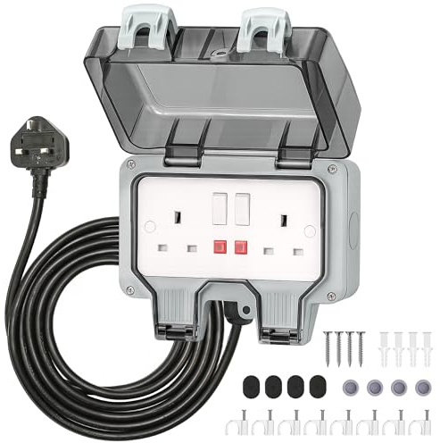 Desiretech Outdoor Double Switched Socket with 10m Cable – IP66 Waterproof & Dustproof Socket – 2 Gang Plug with LED Indicators – High Impact PC Housing – Weatherproof Power Outlet for Sheds & Garages