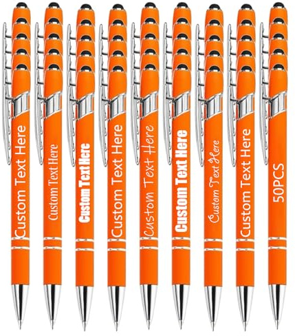 Lot de 50 stylos personnalisés avec prénom, stylos publicitaires entreprise cadeau personnalisable, stylo bille métal rétractable texte gravé pour mariage, remise diplôme, anniversaire (Orange)