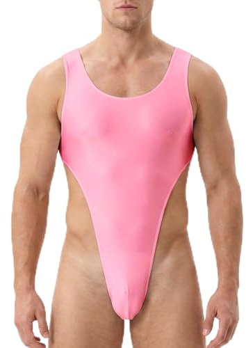 HIVTE Men's Sleeveless U-Neck Thong Back Sparkle Unitard - Gymnastics Yoga Dance Swim Wear (Pink)