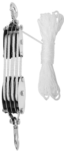 Ejoyous Block and Tackle Blocksystem, Rephissblock 200kg/300kg Lyftkapacitet med Stålhjullager och Polypropylenrep för Camping Båt Garage Lyftning (4 hjul 20m stål hjullager vitt rep krokform)