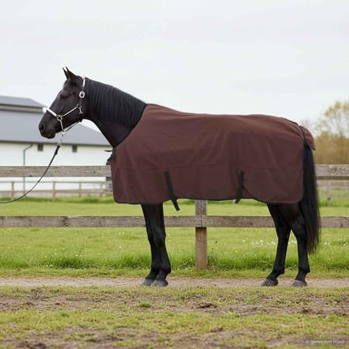 Nqyjm Coperta per cavalli, 155 cm, in poliestere, traspirante e leggera, per allenamento, stalla e trasporto, senza copertura per il collo, marrone scuro