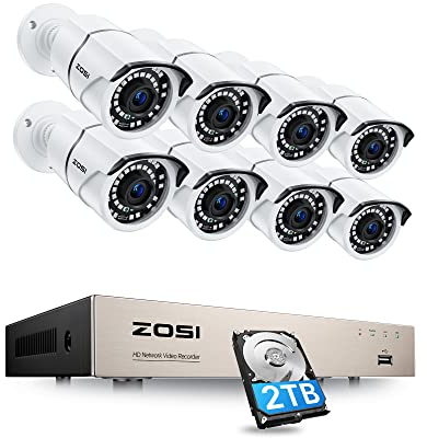 ZOSI 5MP Kit de Cámara de Vigilancia PoE 8CH H.265+ NVR Sistema de Videovigilancia con 8pcs Cámara Exterior, Visión Nocturna, Alarma de Movimiento, 2TB HDD Incluido