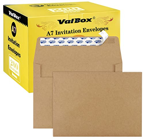 ValBox 200 Qty A7 Invitation Envelopes 5 x 7, 120GSM Brown Kraft Paper Envelopes for 5x7 Cards, Self Seal, Weddings, Invitations, Baby Shower, Stationery, Office, 5.25 x 7.25 Inches